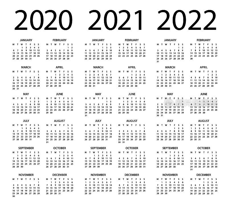 日历2020 2021 2022 -矢量插图。星期一开始新的一周